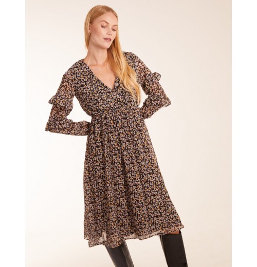 V Neck Frill Sleeve Wrap Midi Dress V Neck Frill Sleeve Wrap Midi Dress