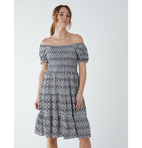 Puff Sleeve Bardot Shirred Dress Puff Sleeve Bardot Shirred Dress
