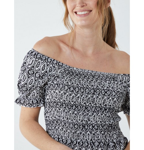 Puff Sleeve Bardot Shirred Dress Puff Sleeve Bardot Shirred Dress
