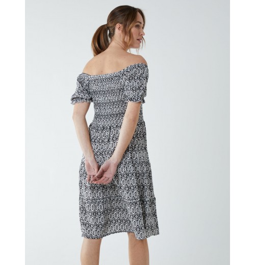 Puff Sleeve Bardot Shirred Dress Puff Sleeve Bardot Shirred Dress
