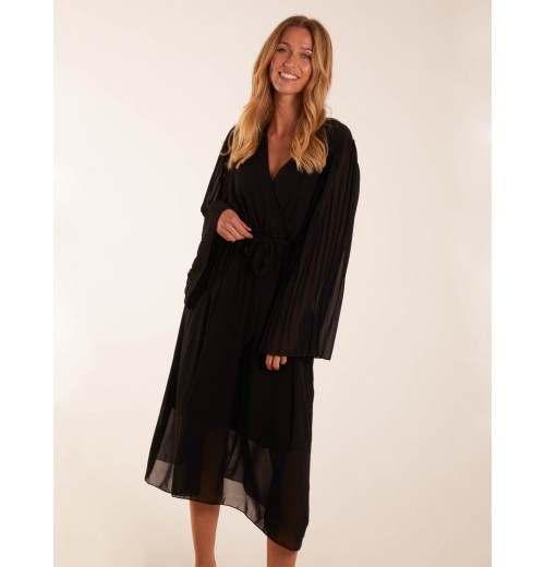 Wrap Front Pleated Sleeve Midi Dress Wrap Front Pleated Sleeve Midi Dress