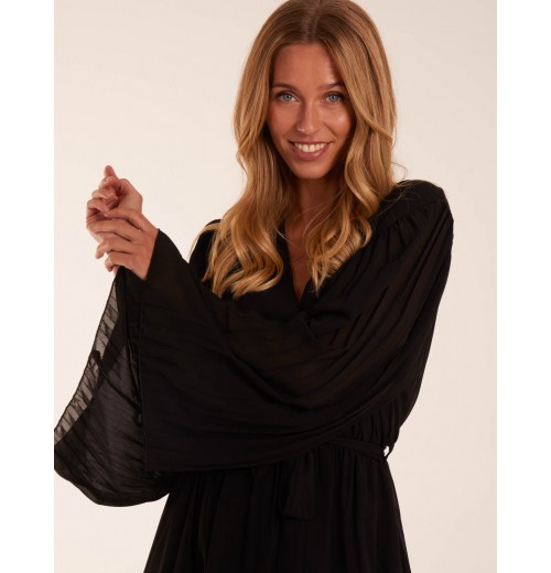 Wrap Front Pleated Sleeve Midi Dress Wrap Front Pleated Sleeve Midi Dress