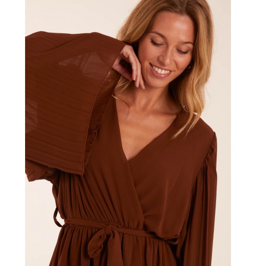 Wrap Front Pleated Sleeve Midi Dress Wrap Front Pleated Sleeve Midi Dress