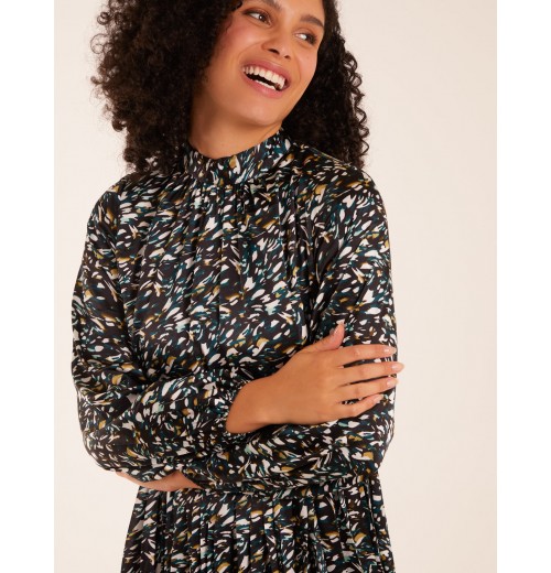 Abstract Animal Print High Neck Blouson Midi Dress Abstract Animal Print High Neck Blouson Midi Dress